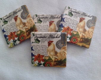 Farmers Market Rooster Coasters, Natural Stone Coasters, Beverage Coasters, Beer Coasters