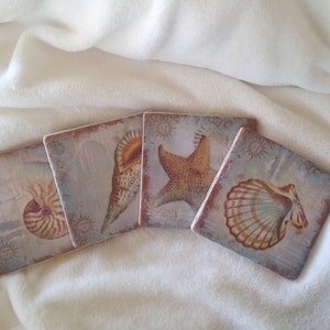 May include: Set of four square ceramic coasters with a nautical theme. Each coaster features a different seashell design in shades of brown, white, and blue on a light blue background.