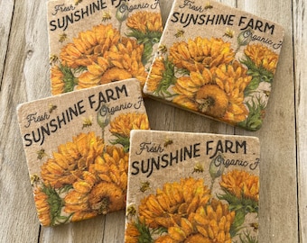 Natural Stone Square Sunflower Coasters, Beverage Coasters, Sunflower Coasters, Stone Coasters