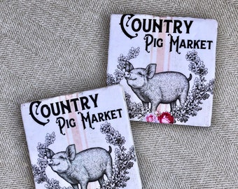 Natural Stone Country Pig Coasters, Farmhouse Coasters, Home Decor, Square Coasters, Stone Coasters, Beverage Coasters