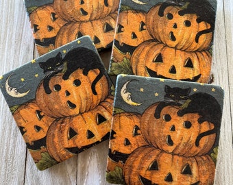 Natural Stone Pumpkin Coasters, Halloween Coasters, Beverage Coasters, Holiday Decor, Black Cat Coasters