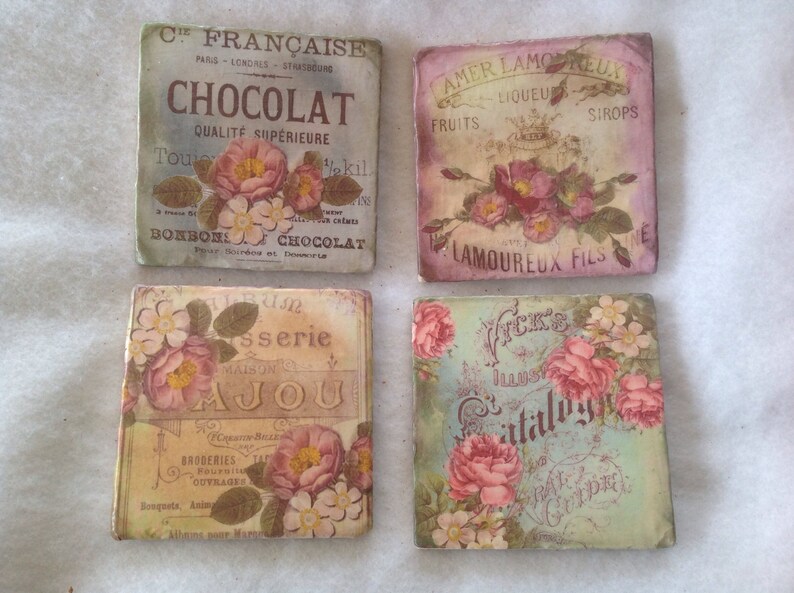 Ceramic Tile Coasters with Flowers, Beverage Coasters, Flower Coasters, Shabby Chic Coasters, Beer Coasters image 5