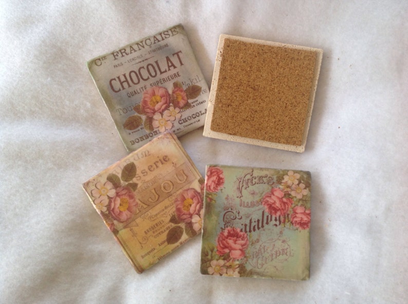 Ceramic Tile Coasters with Flowers, Beverage Coasters, Flower Coasters, Shabby Chic Coasters, Beer Coasters image 2