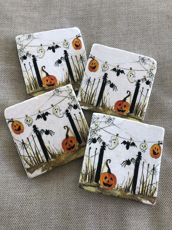 Natural Stone Halloween  Coasters, Pumpkin Coasters, Ghost Coasters, Holiday Decor, Square Coasters