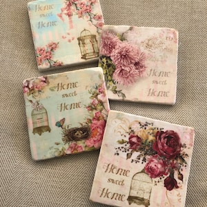 Natural Stone Vintage Shabby Chic Home Sweet Home Floral Coasters, Square Coasters, Floral Coasters, Home Decor