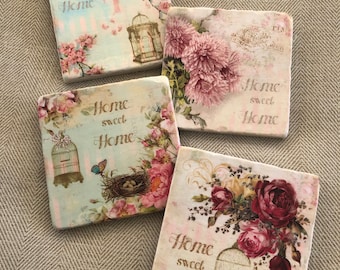 Natural Stone Vintage Shabby Chic Home Sweet Home Floral Coasters, Square Coasters, Floral Coasters, Home Decor