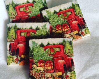Natural Stone Vintage Red Truck Christmas Coasters, Beverage Coasters, Christmas Decor, Truck Coasters, Holiday Coasters