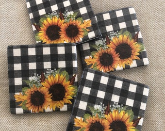 Sunflower Black and White Checkered Ceramic Tile Coasters, Sunflower Coasters, Farmhouse Coasters, Beverage Coasters, Home Decor