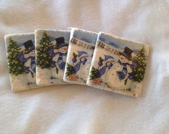 Snowman beverage coasters, beer coasters, holiday themed coasters, natural stone coasters