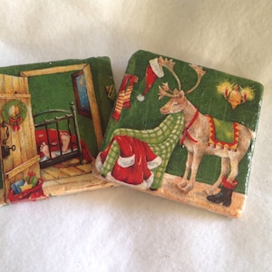 Natural Stone Santa And His Reindeer Coasters, Christmas Coasters, Christmas Decor, Square Coasters, Beverage Coasters