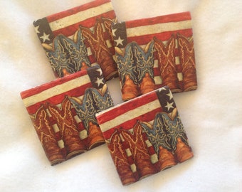 Natural Stone Country Coaster With Boots and American Flag, Beverage Coasters, Square Coasters, Beer Coasters, Fourth of July Coasters