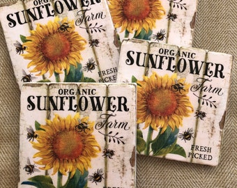 Sunflower Ceramic Tile Coasters, Square Coasters, Home Decor, Beverage Coasters, Farmhouse Coasters, Sunflower Bee Coasters