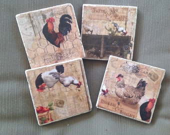 Natural Stone Rooster Coasters, Square Coasters, Beverage Coasters, Home Decor, Farmhouse Decor, Kitchen Decor