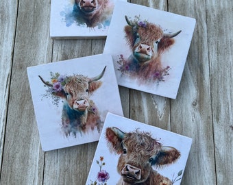 Natural Stone Highland Cow Coasters, Cow Coasters, Stone Coasters, Square Coasters, Home Decor