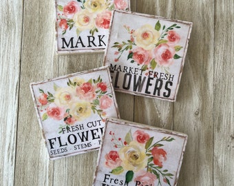 Natural Stone Flower Coasters, Market Flower Coasters, Fresh Bloom Flowers Coasters, Square Coasters, Stone Coasters