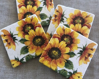 Sunflower Ceramic Tile Coasters, Square Coasters, Home Decor, Beverage Coasters, Farmhouse Coasters, Sunflower Bee Coasters