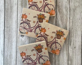 Autumn Bicycle Coasters, Pumpkin Coasters, Halloween Coasters, Bicycle Coasters, Autumn Decor, Square Coasters, Stone Coasters