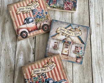 Old Truck 4th of July Coasters, Land That I Love Coaster, Truck Coasters, Old Barn Coasters, Red, White and Blue Coasters