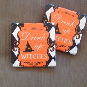 Natural Stone Tile Drink up Witches Coasters, Halloween Coasters, Holiday Coasters, Beverage Coasters