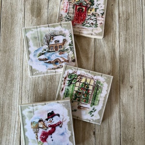Natural Stone Christmas Coasters, Snowman Coasters, Scenic Christmas Coasters, Square Coasters, Stone Coasters