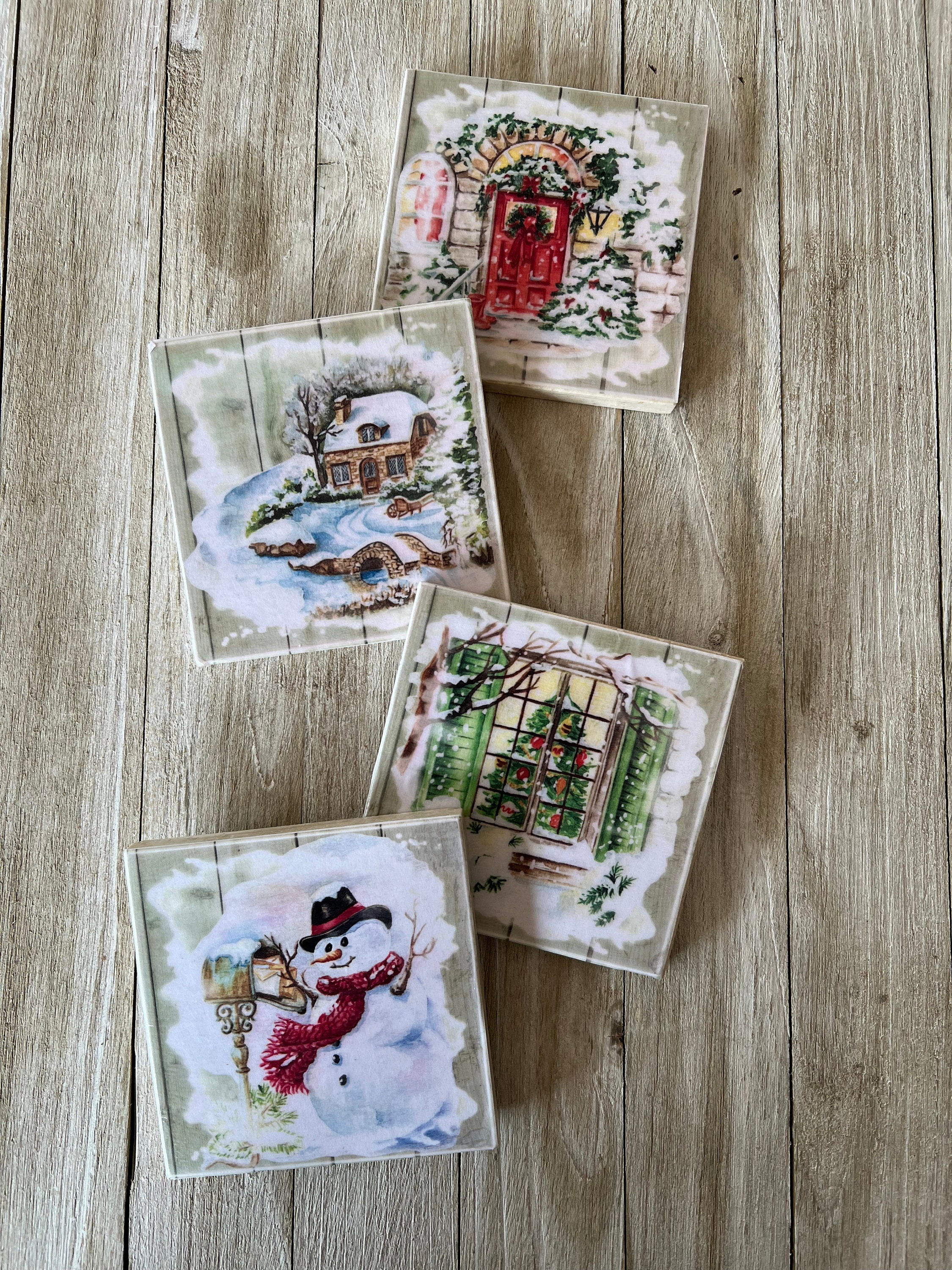 Natural Stone Christmas Coasters, Snowman Coasters, Scenic Christmas Coasters, Square Coasters, Stone Coasters