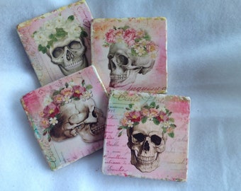 Natural Stone Tile Skull Coasters, Pink Skull Coasters, Halloween Skull Coasters, Beverage Coasters, Square Coasters, Shabby Chic