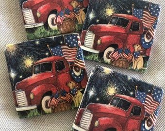 Natural Stone Patriotic Vintage Truck Coasters, Square Coasters, Stone Coasters, Holiday Coasters, Home Decor  Fourth of July Coasters