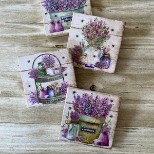 Natural Stone Lavender Coasters, Lavander Flower Coasters, Stone Coasters, Square Coasters