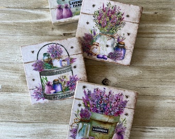 Natural Stone Lavender Coasters, Lavander Flower Coasters, Stone Coasters, Square Coasters