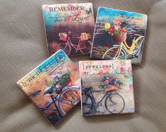 Natural Stone Bicycle Coasters, Beverage Coasters, Vintage Coasters, Home Decor,