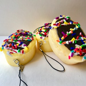 Oval Cake Foam Charm Squishy Inspired Keychain Soft Chocolate with Vanilla Drizzle Rainbow Sprinkle Eclair Cake Squishy Inspired Phone Strap