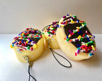 Oval Cake Foam Charm Squishy Inspired Keychain Soft Chocolate with Vanilla Drizzle Rainbow Sprinkle Eclair Cake Squishy Inspired Phone Strap