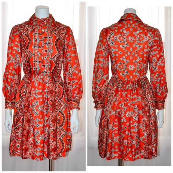 Vintage 1970s Orange White Floral Party Day Evening Cocktail Dress size Small S Psychedelic Paisley Gown Long Sleeves 70s fashion knee lengt