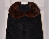 Vintage Genuine Natural Real Black Broadtail Lamb Fur Coat Jacket w. Brown Mink Collar sz Small Bolero VTG Winter Opera Coat Persian Lamb