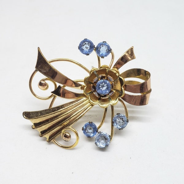 Vintage Harry Iskin 1/20 12K Gold Filled Blue Rhinestone Flower Brooch Pin