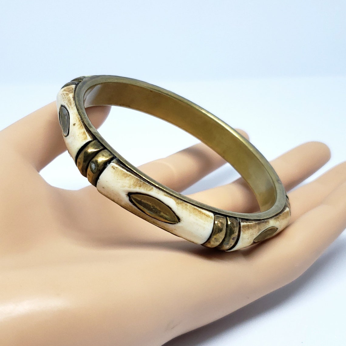 Vintage Brass and Inlaid Bone Bangle Bracelet Jewelry Chic Etsy