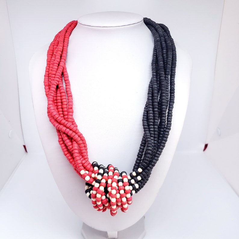 Red Black Round Coco Wood Bead Statement Necklace 24 Long Eco Coco Beaded Natural Women/'s Jewelry