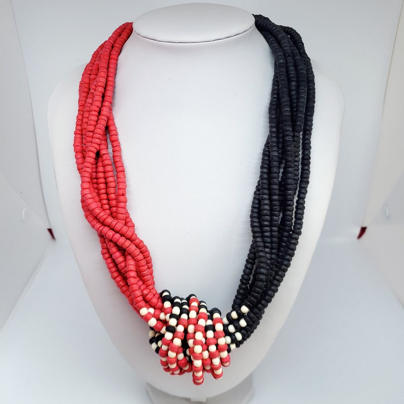Red Black Round Coco Wood Bead Statement Necklace 24 Long Eco Coco Beaded Natural Women/'s Jewelry