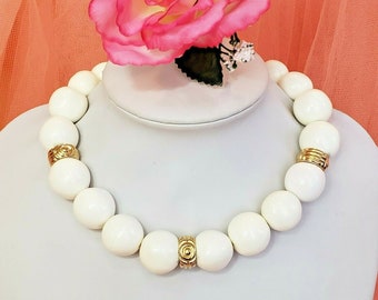 Vintage Runway GIVENCHY White and Gold Choker Necklace White & Gold Beads 15" Long