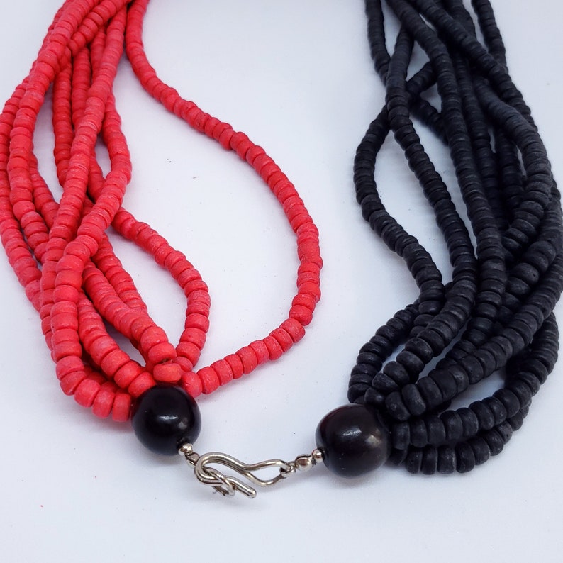 Red Black Round Coco Wood Bead Statement Necklace 24 Long Eco Coco Beaded Natural Women/'s Jewelry