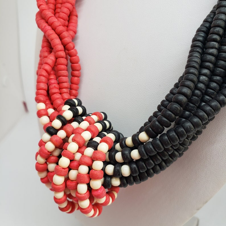 Red Black Round Coco Wood Bead Statement Necklace 24 Long Eco Coco Beaded Natural Women/'s Jewelry