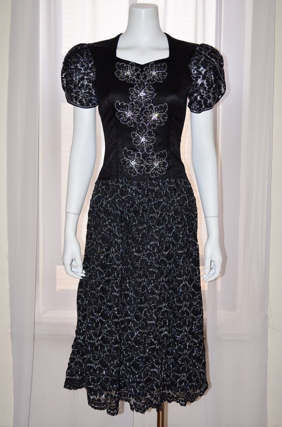 Vintage Black Silver Lace Cocktail Party Evening … - image 3