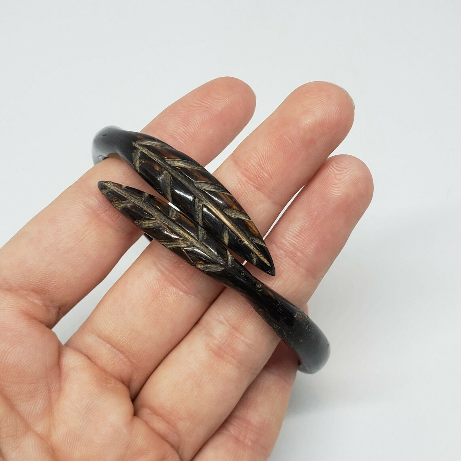 Vintage Carved Horn Bangle Bracelet Leaf Statement Jewelry Etsy