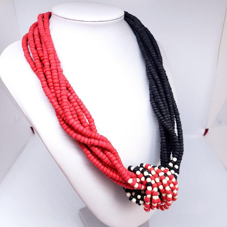 Red Black Round Coco Wood Bead Statement Necklace 24 Long Eco Coco Beaded Natural Women/'s Jewelry