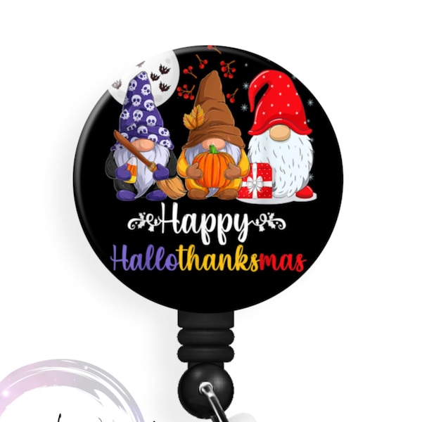 Happy HalloThanksMas Gnomes - 1.5 Inch Button - Available in a Pin, Magnet or Badge Holder Reel - Flat Rate Shipping!