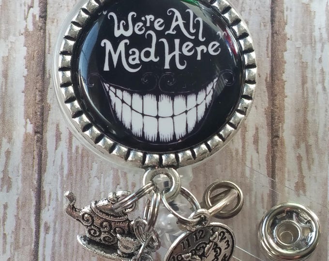 Cheshire Cat See Pictures for Charm Options Low Flat Rate Shipping in US! We/'re All Mad Here Retractable Badge Holder