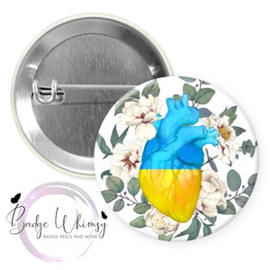 Ukraine Floral Heart Anatomy Blue & Yellow - 1.5&quot; Button! Choose Pin, Magnet or Badge Reel!