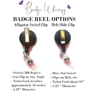 May include: Two black badge reels with different clip options. The left reel has an alligator swivel clip and the right reel has a belt slide clip. Both reels have a clear nylon cord that stretches approximately 34 inches and a 1.25 inch diameter.