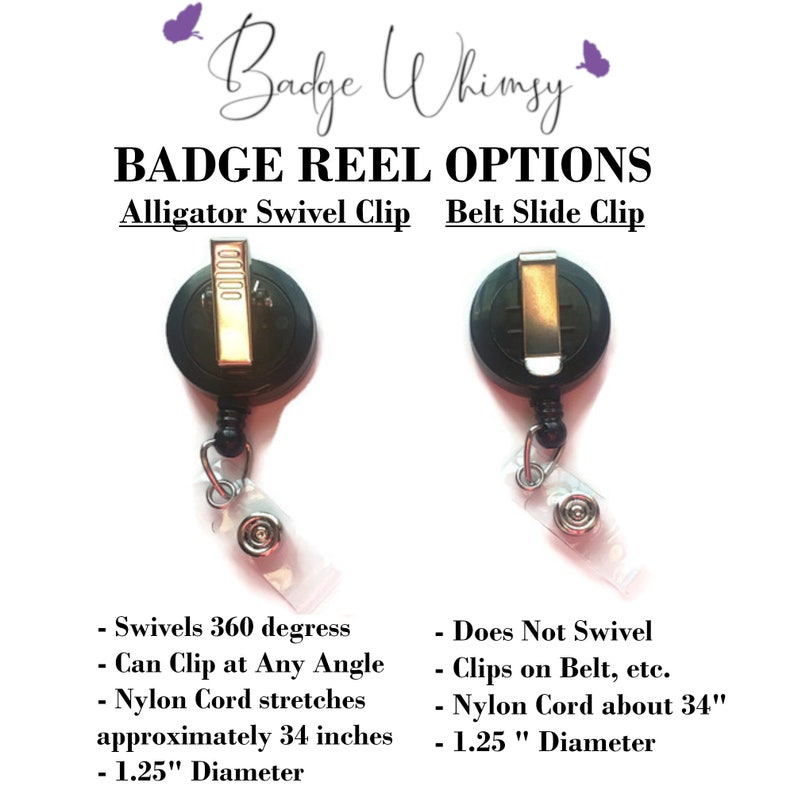May include: Two black badge reels with different clip options. The left reel has an alligator swivel clip and the right reel has a belt slide clip. Both reels have a clear nylon cord that stretches approximately 34 inches and a 1.25 inch diameter.