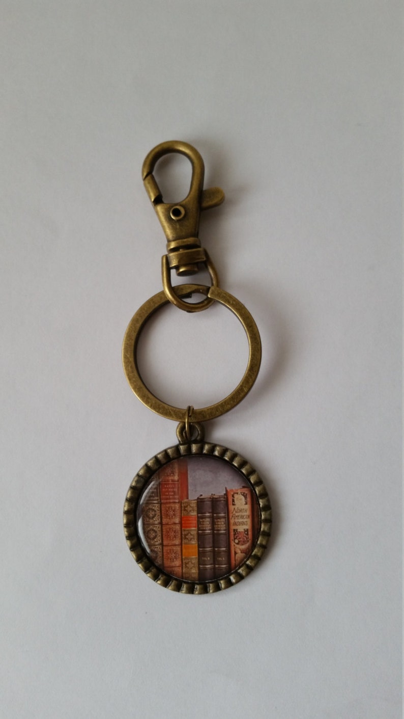 Books on a Shelf Key Chain Antique Bronze Color Low Flat Etsy